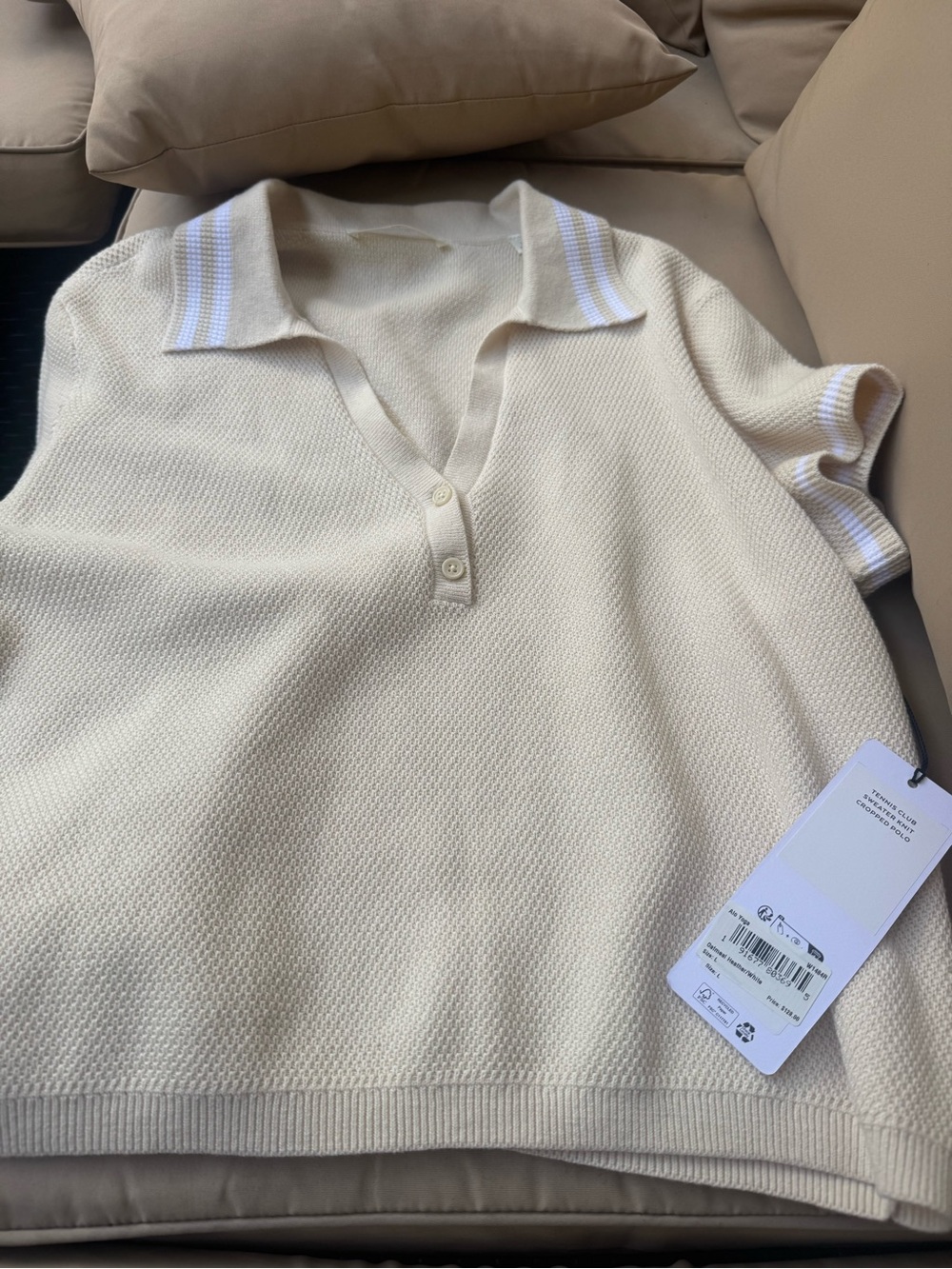 ALO Yoga Cream V‑Neck Knit Polo with Striped Trim